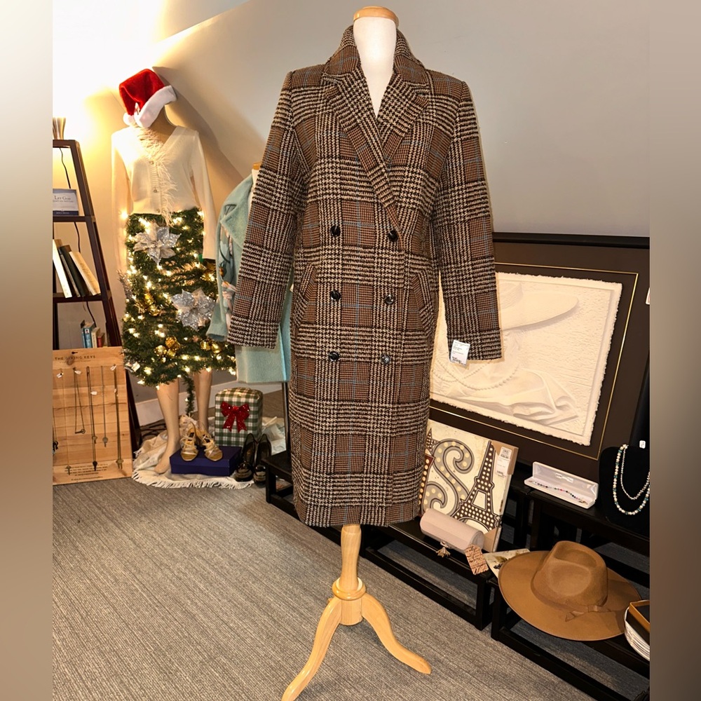 SAMSOE Brown Plaid Double-Breasted Trench Coat